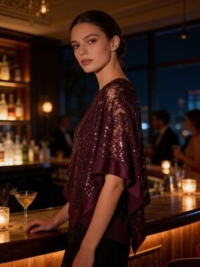 Sequin Capelet Top in Deep Plum with Camisole
